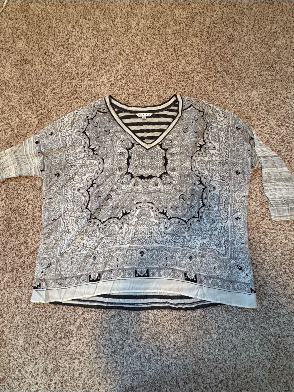 CAbi Boho Paisley V-Neck Top in Black & White